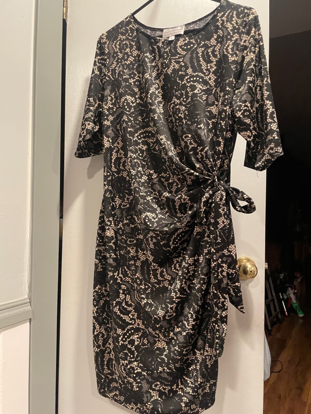 [Karin Stevens] Black Nude Lace Print Dress size large - Picture 5 of 7